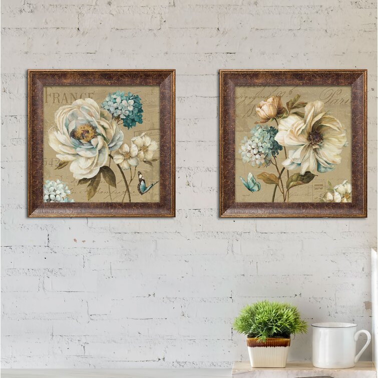 Beautiful Teal Tan And Brown Floral And Butterfly Framed 2 Pieces by Lisa Audit Set